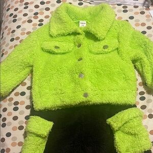 Neon Green Fuzzy Jacket and Fuzzy Black Pants with Neon Green pockets